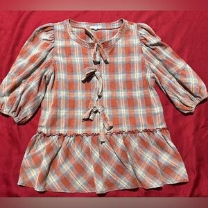 Easel Orange Plaid Tunic with Tie Accents